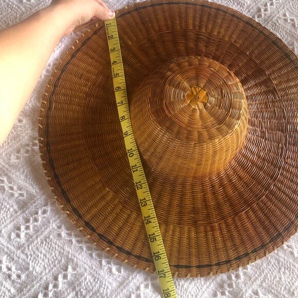 Vintage Handwoven Rattan Wide Brim Conical Sun Hat 5in Boho Basket Weave - Picture 7 of 8